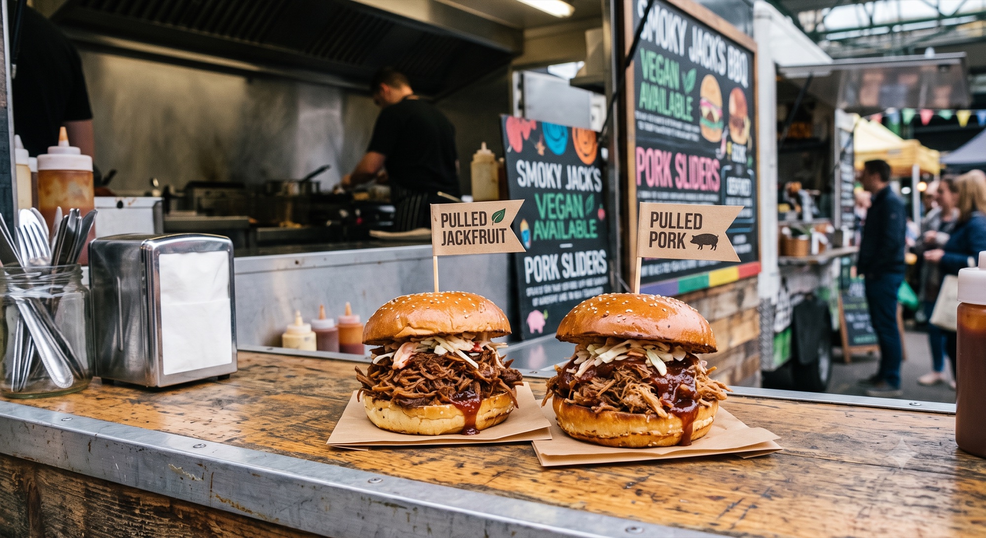 Pulled jackfruit slider next to a pulled pork slider on a street food market counter